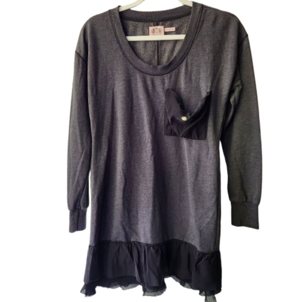 Vintage Juicy Couture Long Sleeve Fleece Sweater Dress Gray Black Ruffle Raw Hem